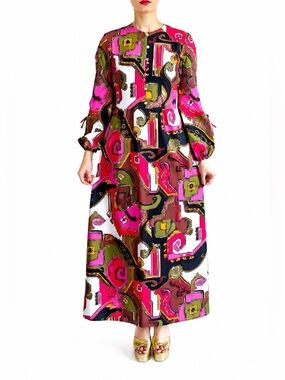 Vintage 1960’s/1970’s geometric pattern bishop sleeve groovy maxi dress-size S/M